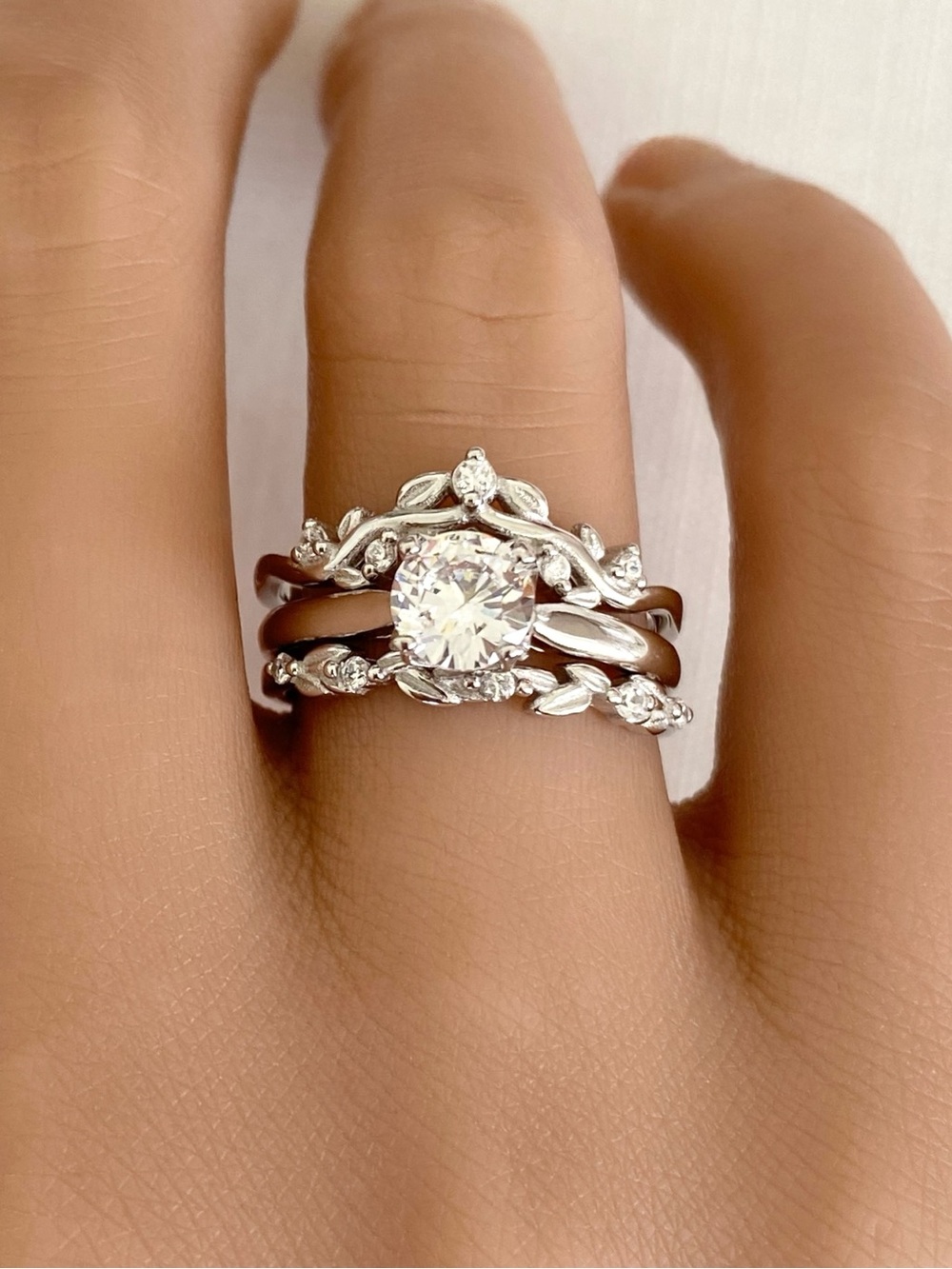 Round CZ Stackable 3pc Floral Leaf Band 925 Sterling Silver Women’s Ring Set